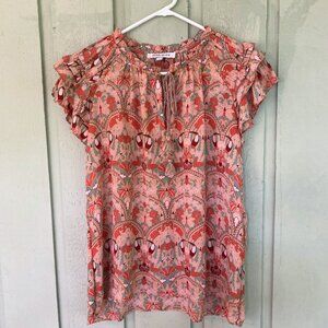Rose + Olive Boho Peach & Teal Ruffle short sleeve, tassel tie blouse Sz M